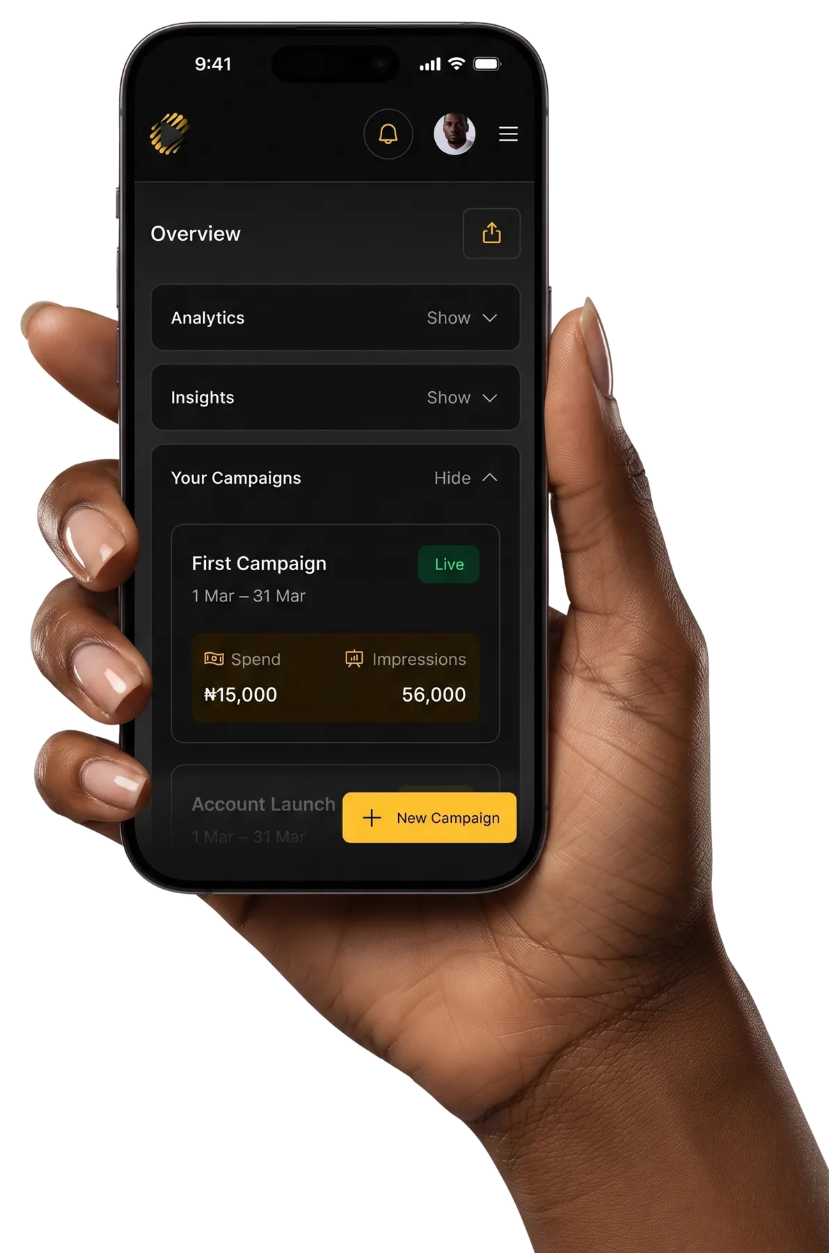 A hand holding a phone showing the CineGo Ads dashboard