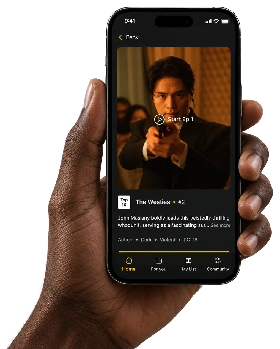 A hand holding a phone playing an episode on CineGo